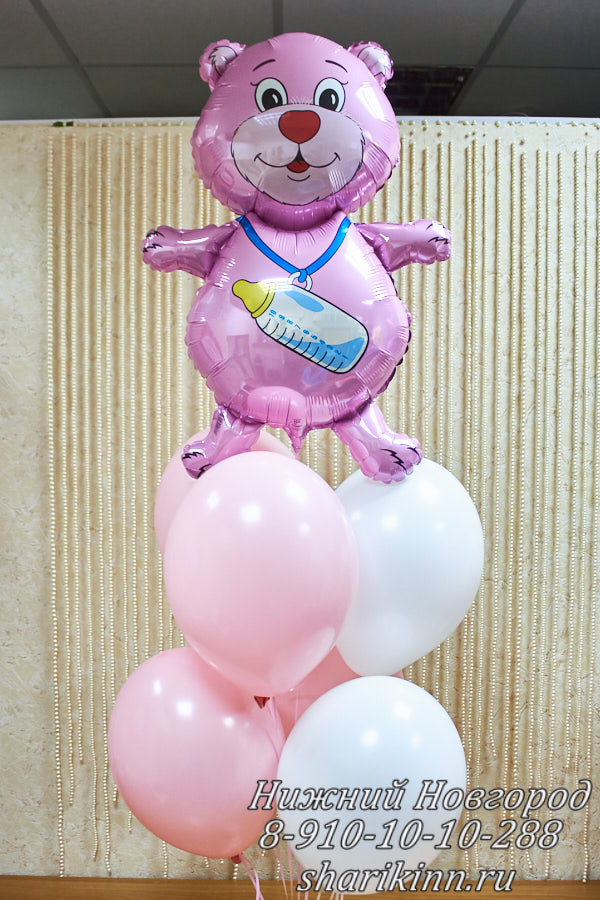 Розовый мишка фонтан воздушных шаров заказать недорого