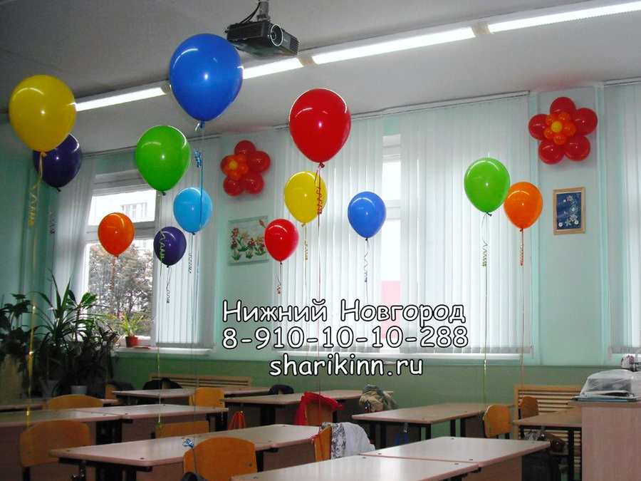 школьный класс оформленный воздушными шарами на последний звонок